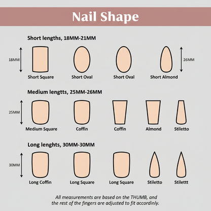 Chart showing various nail shapes with measurements and a brand logo at the top right corner.