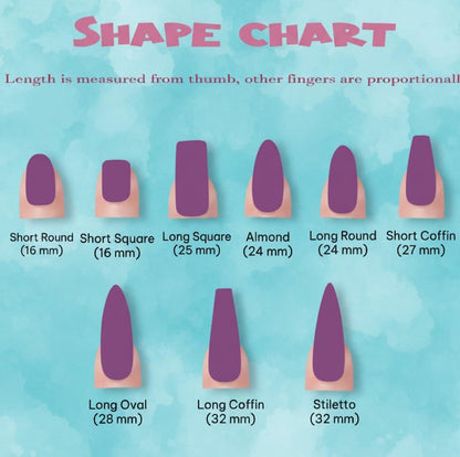 Nail shape chart with various nail shapes and measurements on a light blue background