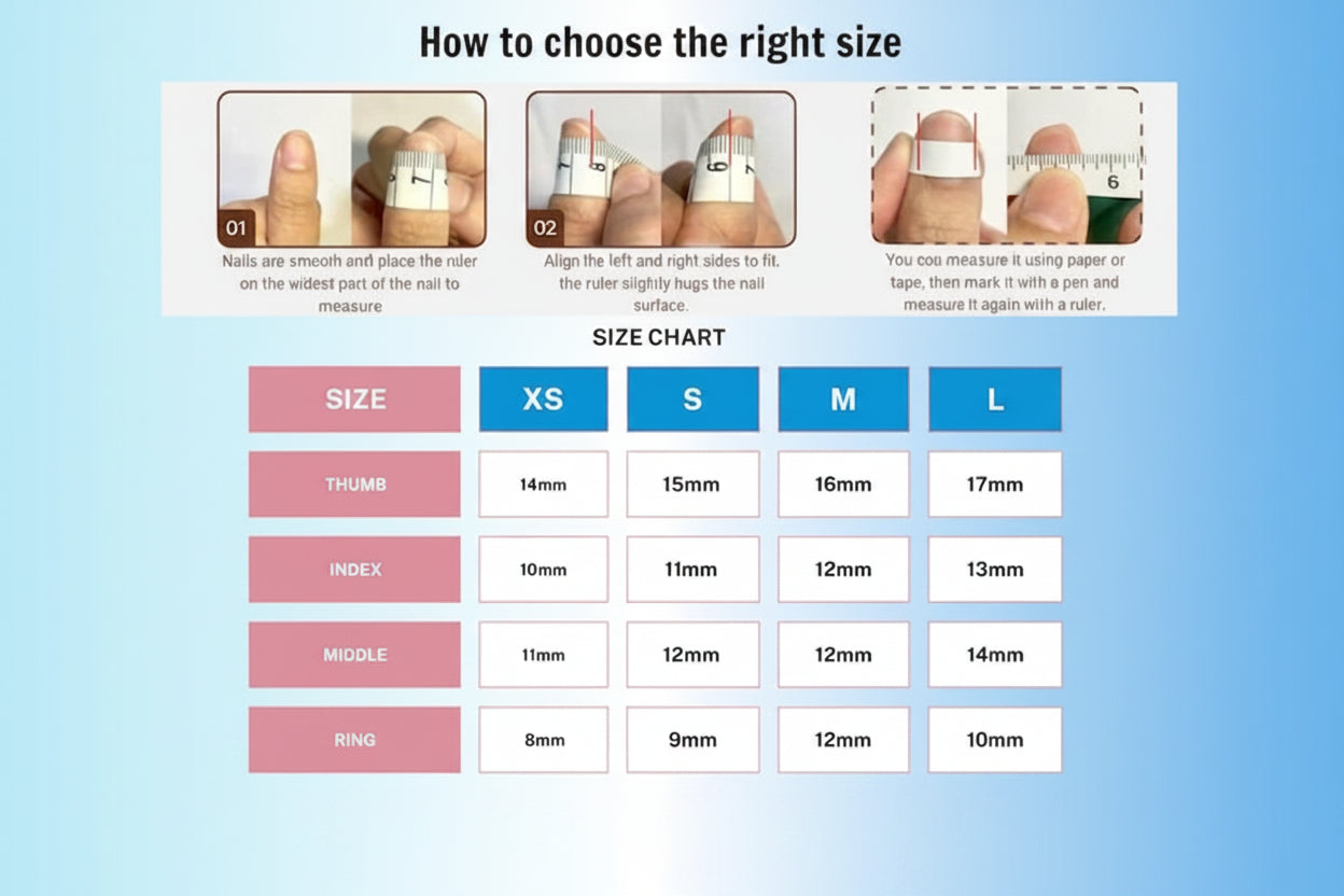 Instructions on how to choose the right size for nail products with a size chart on a blue background.