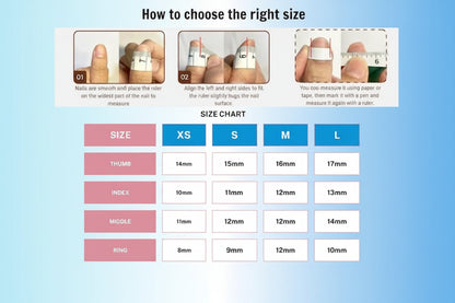 Instructions on how to choose the right size for nail products with a size chart on a blue background.