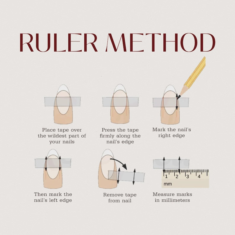 Step-by-step guide to using the ruler method for nail art measurements on a light background.
